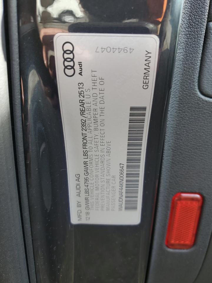 2019 Audi A4 Premium VIN: WAUDNAF44KN006647 Lot: 80487044