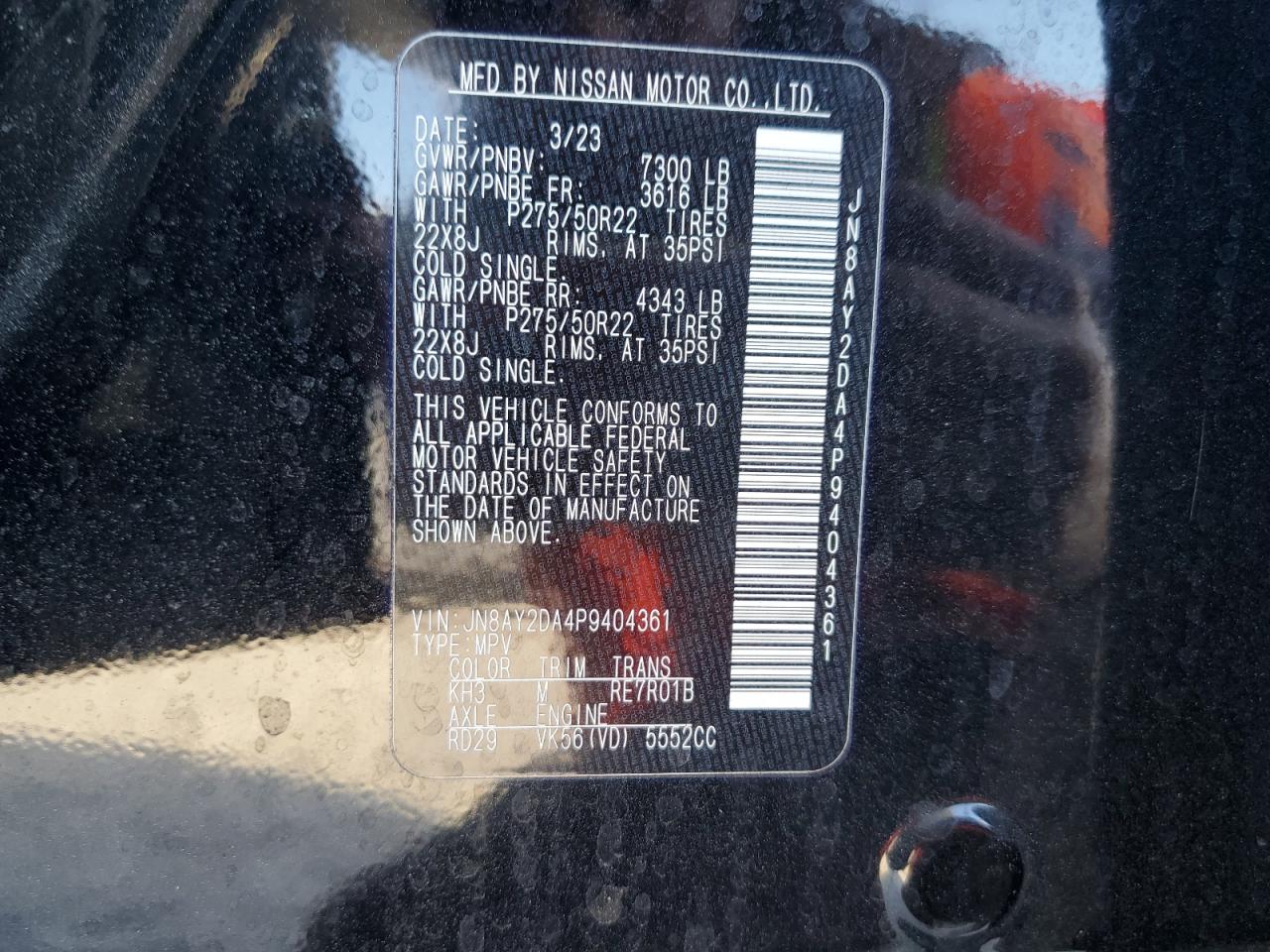 2023 Nissan Armada Platinum VIN: JN8AY2DA4P9404361 Lot: 80467804