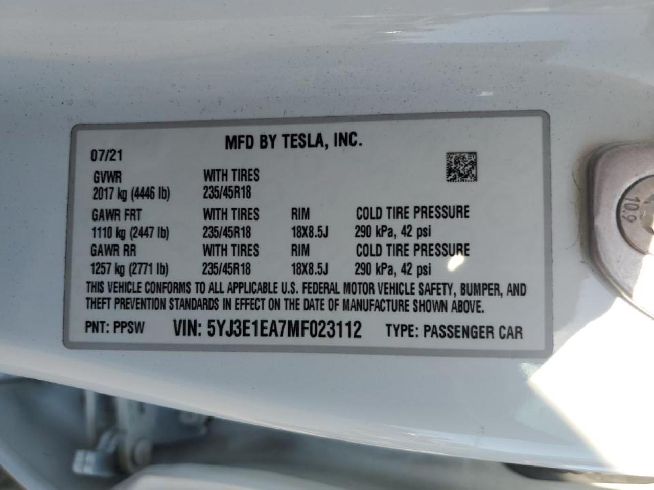 VIN 5YJ3E1EA7MF023112 2021 TESLA MODEL 3 no.12