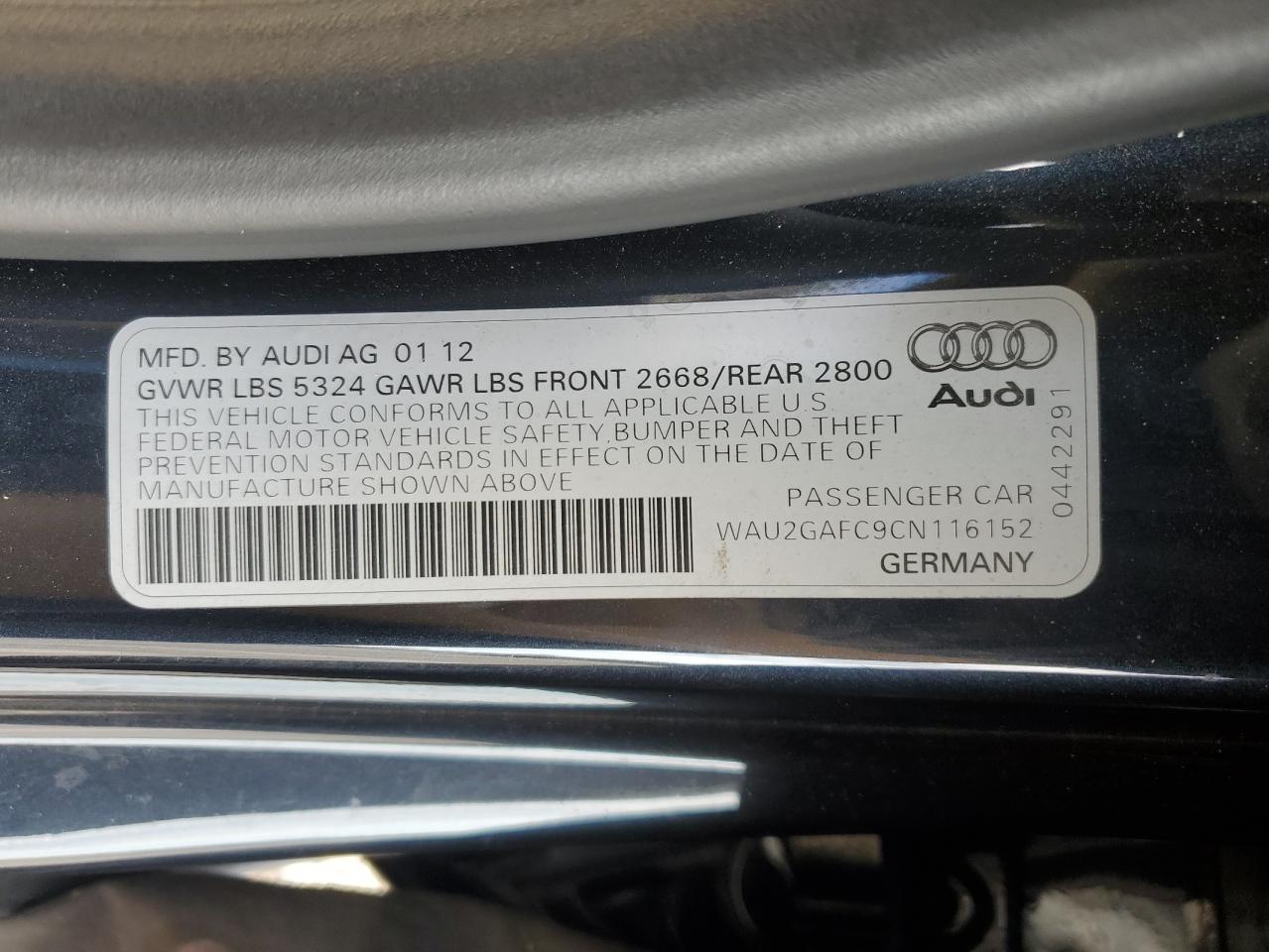 2012 Audi A7 Prestige VIN: WAU2GAFC9CN116152 Lot: 79742024