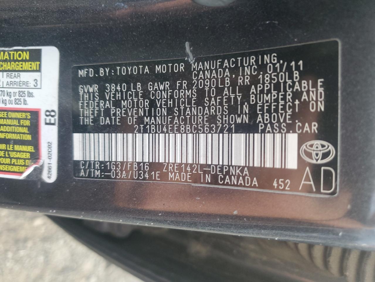 2011 Toyota Corolla Base VIN: 2T1BU4EE8BC563721 Lot: 79507184