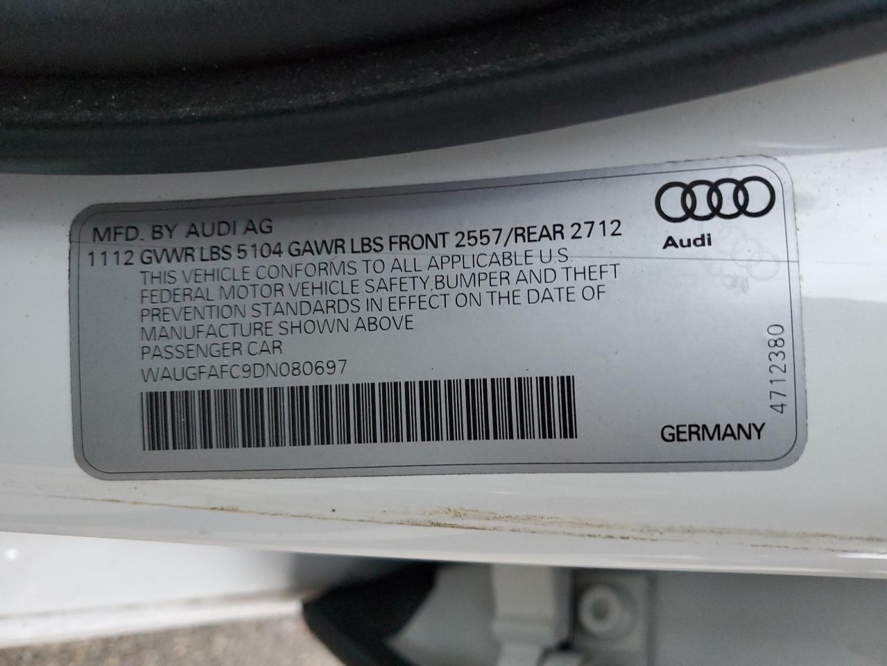 2013 Audi A6 Premium Plus VIN: WAUGFAFC9DN080697 Lot: 81318544