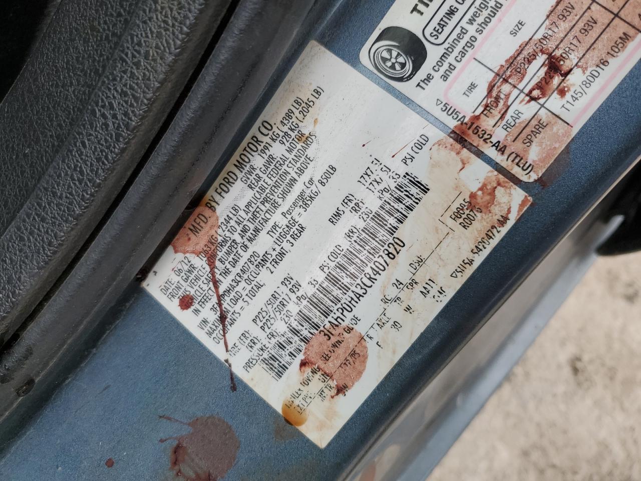 2012 Ford Fusion Se VIN: 3FAHP0HA3CR407820 Lot: 82226984