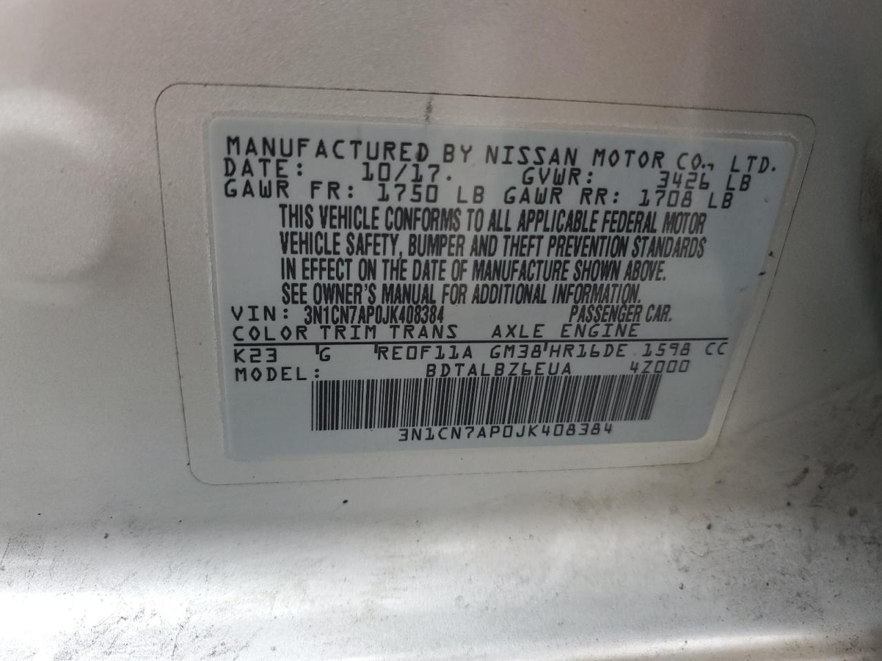 VIN 3N1CN7AP0JK408384 2018 NISSAN VERSA no.12