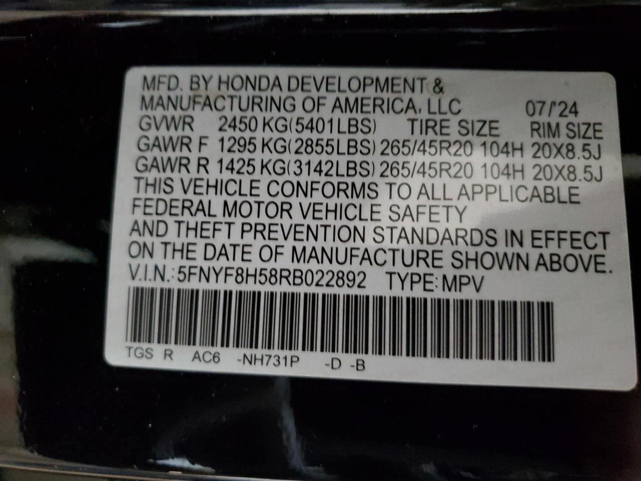 2024 Honda Passport Exl VIN: 5FNYF8H58RB022892 Lot: 79340854