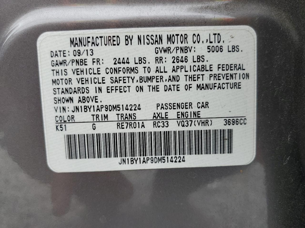 2013 Infiniti M37 VIN: JN1BY1AP9DM514224 Lot: 79629904