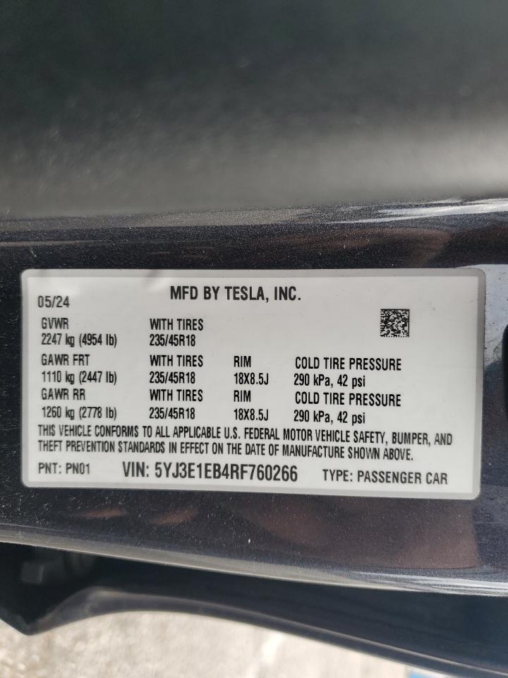 VIN 5YJ3E1EB4RF760266 2024 TESLA MODEL 3 no.12