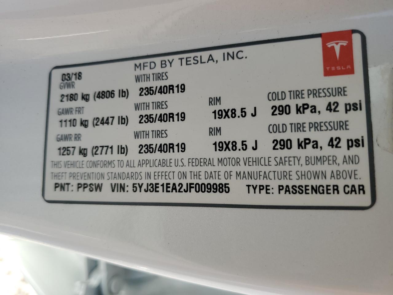 2018 Tesla Model 3 VIN: 5YJ3E1EA2JF009985 Lot: 81104004