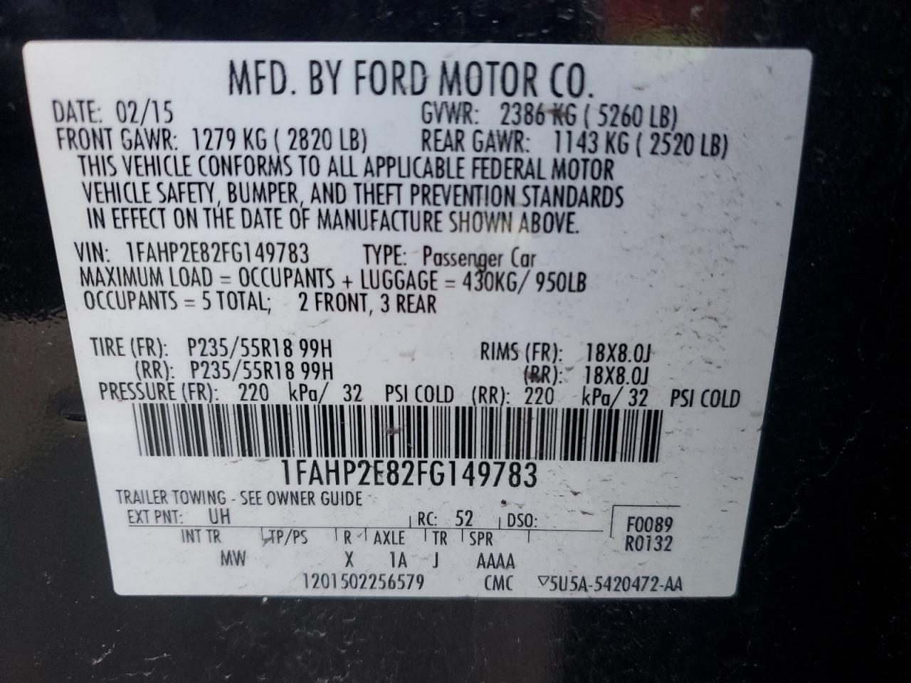 VIN 1FAHP2E82FG149783 2015 FORD TAURUS no.12