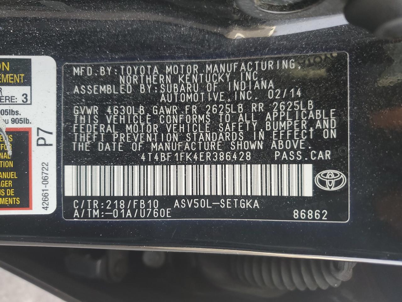 2014 Toyota Camry L VIN: 4T4BF1FK4ER386428 Lot: 81842944