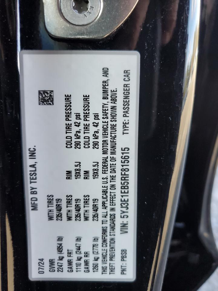 VIN 5YJ3E1EB5RF815615 2024 TESLA MODEL 3 no.12