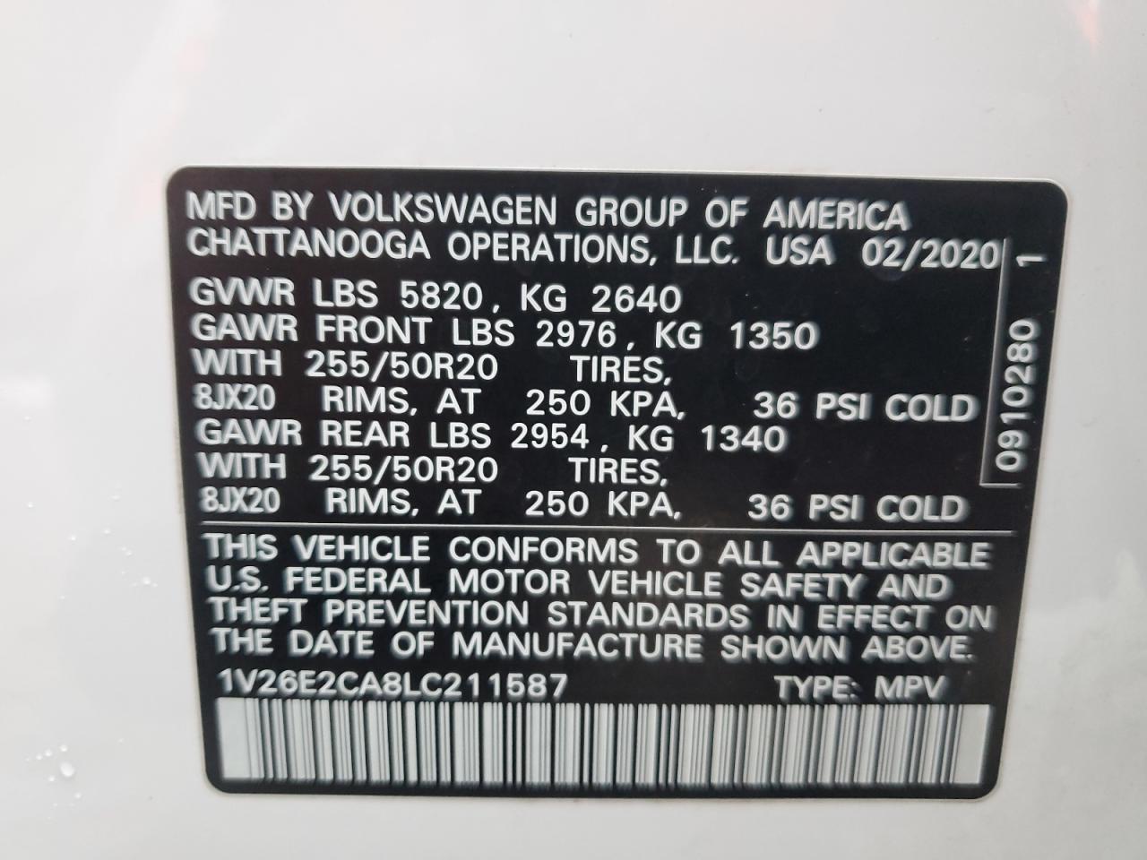 VIN 1V26E2CA8LC211587 2020 VOLKSWAGEN ATLAS no.13