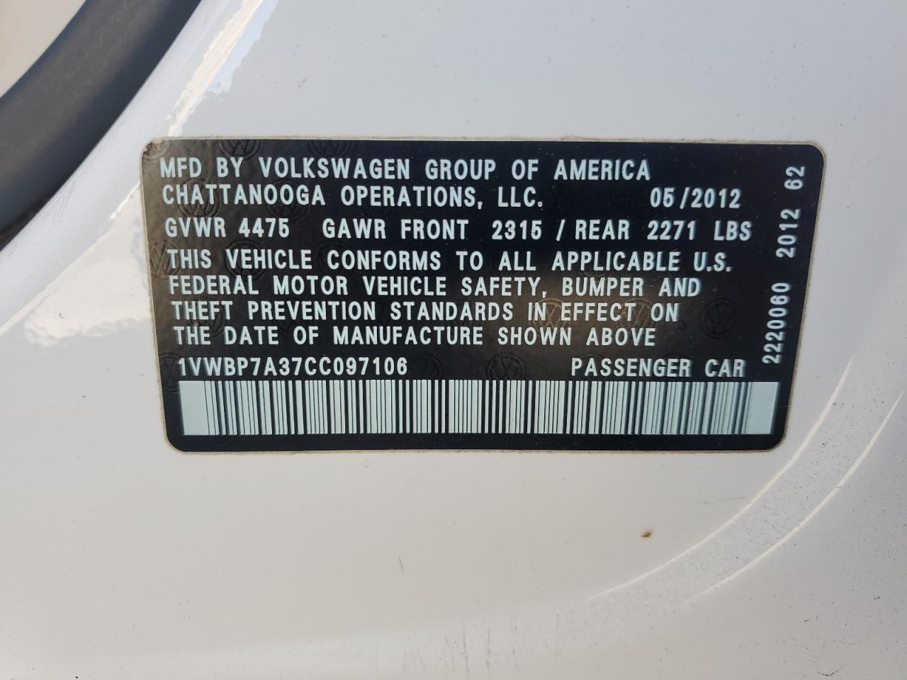 2012 Volkswagen Passat Se VIN: 1VWBP7A37CC097106 Lot: 80252544