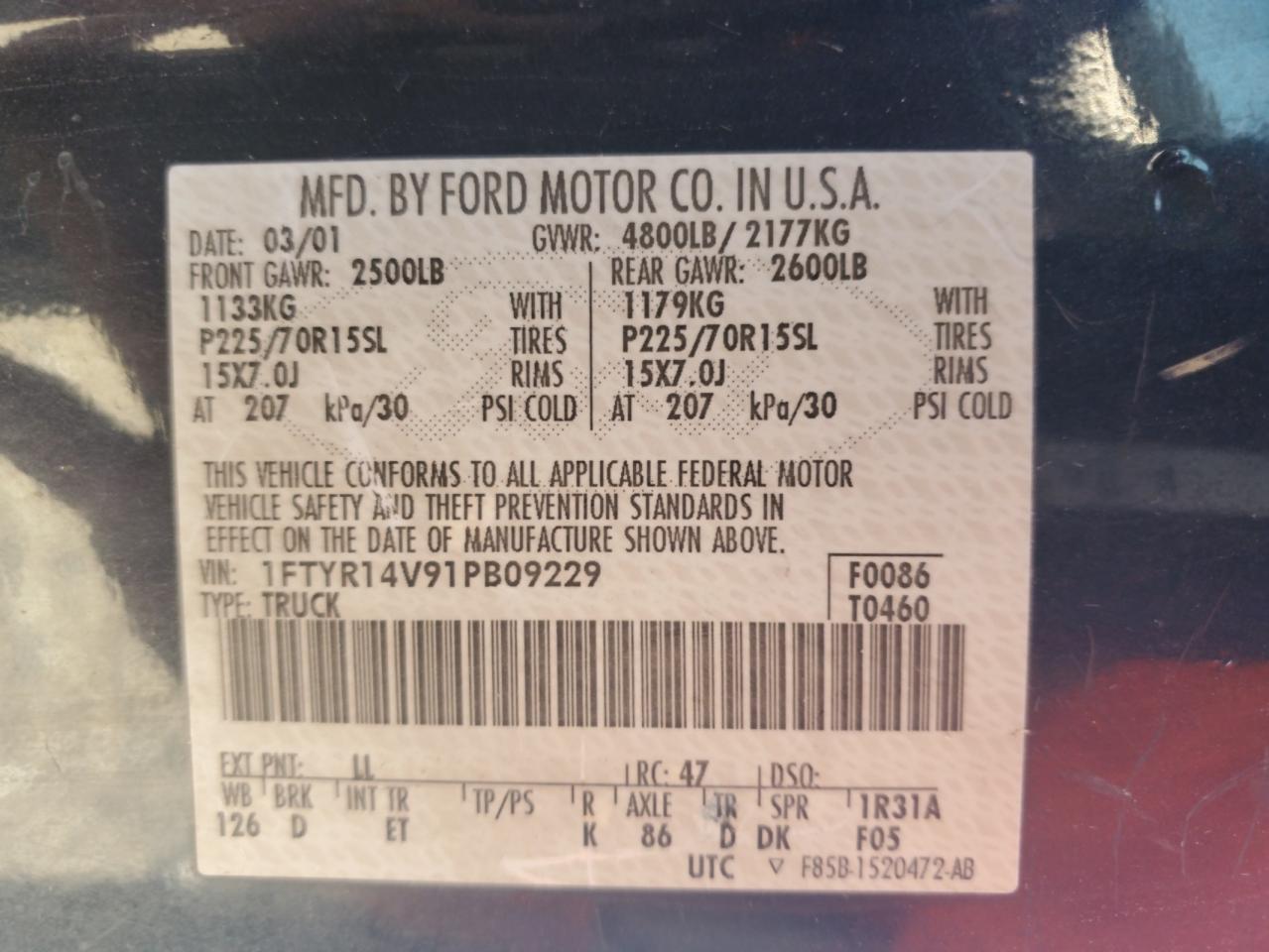 2001 Ford Ranger Super Cab VIN: 1FTYR14V91PB09229 Lot: 77863204