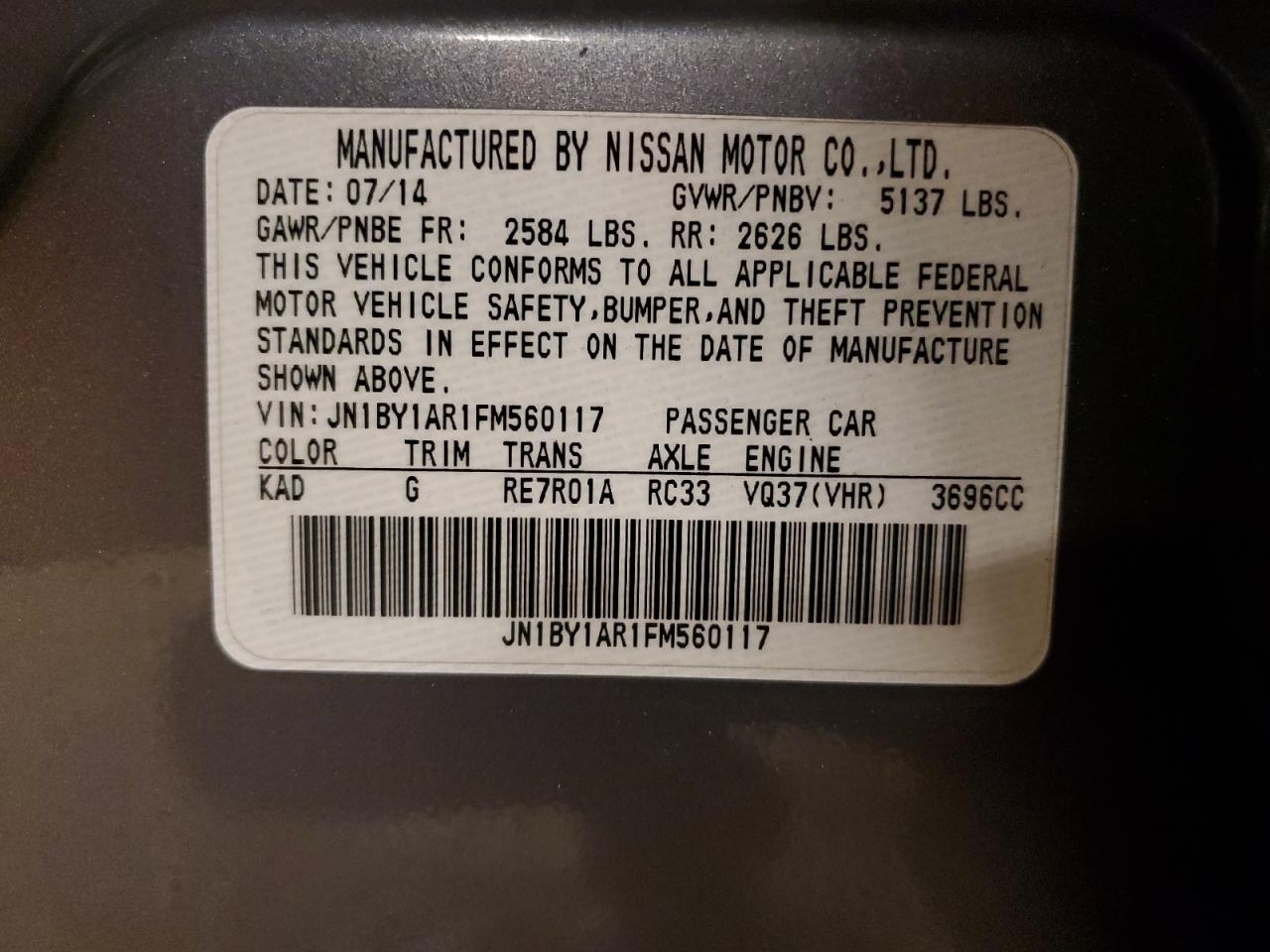 2015 Infiniti Q70 3.7 VIN: JN1BY1AR1FM560117 Lot: 81796594