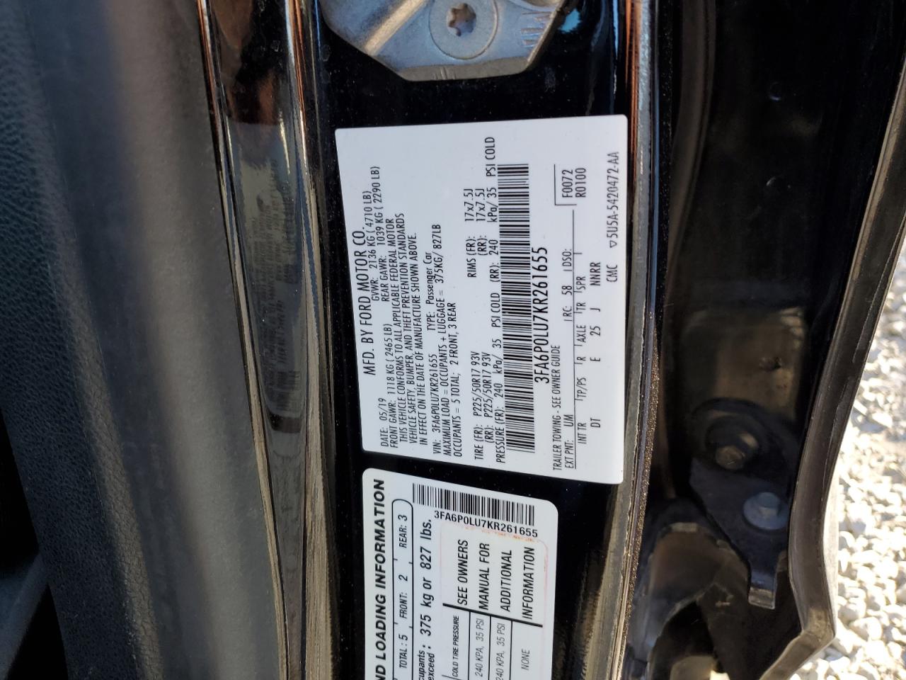 2019 Ford Fusion Se VIN: 3FA6P0LU7KR261655 Lot: 80472754