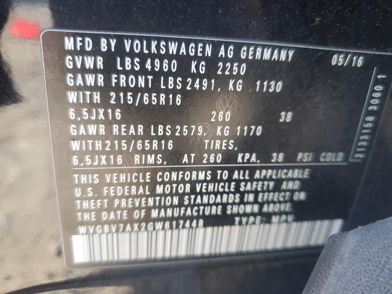 VIN WVGBV7AX2GW617448 2016 VOLKSWAGEN TIGUAN no.12