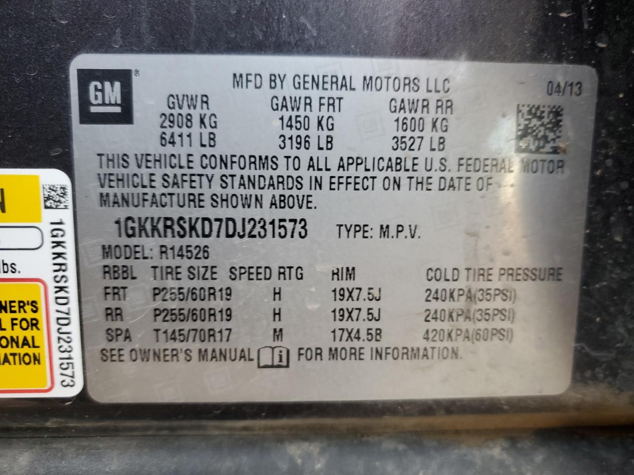 VIN 1GKKRSKD7DJ231573 2013 GMC ACADIA no.14