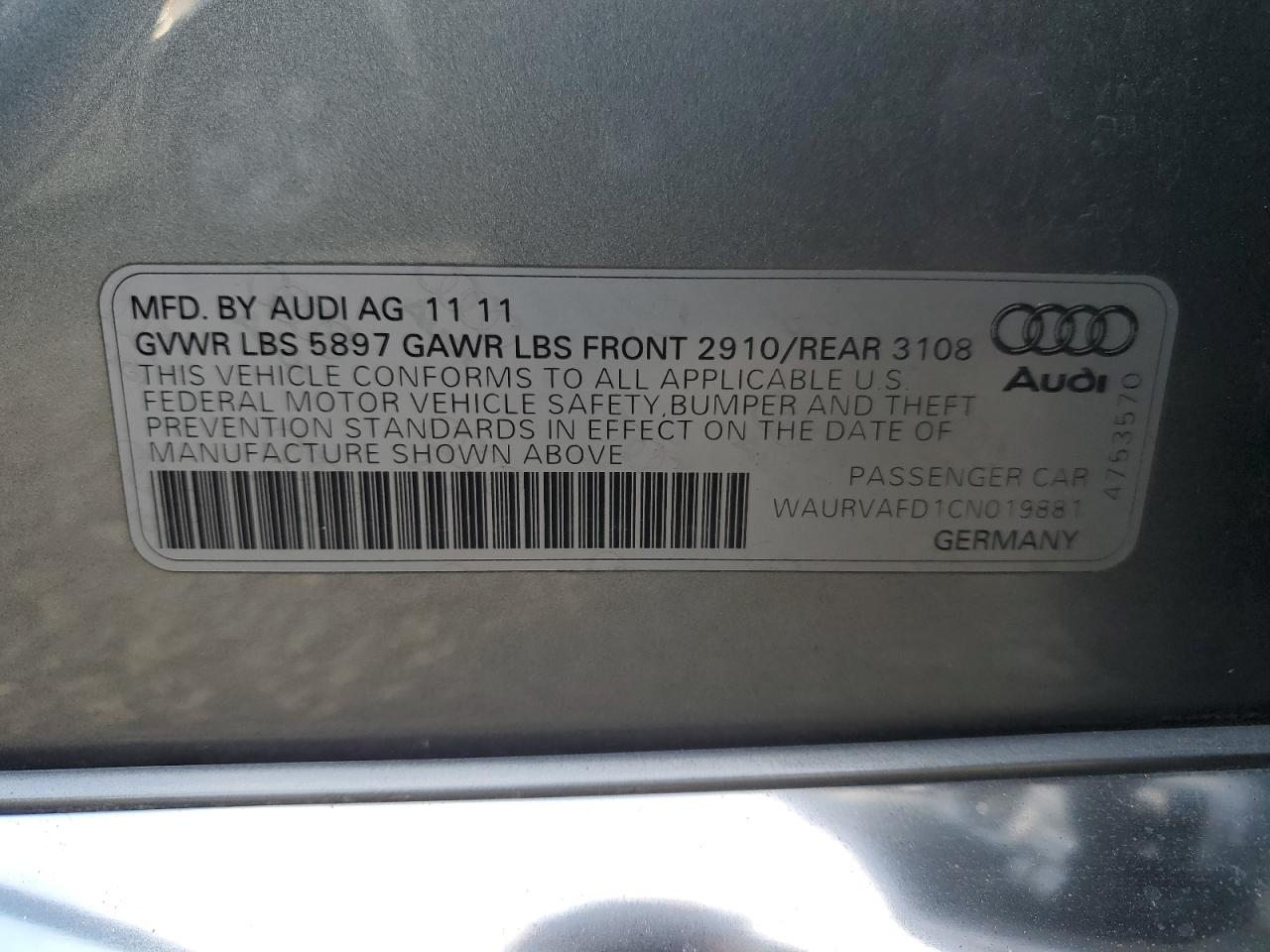 2012 Audi A8 L Quattro VIN: WAURVAFD1CN019881 Lot: 80311714