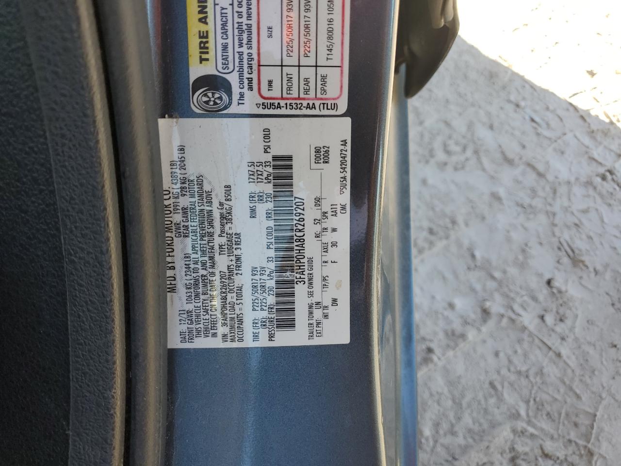 2012 Ford Fusion Se VIN: 3FAHP0HA8CR269207 Lot: 80622524