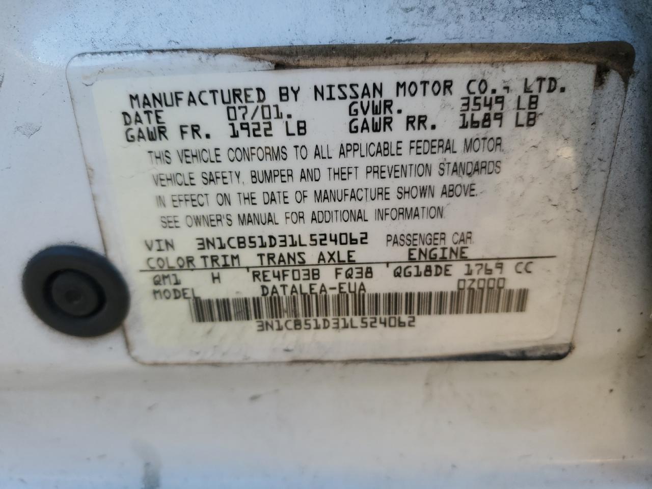 2001 Nissan Sentra Xe VIN: 3N1CB51D31L524062 Lot: 79453834