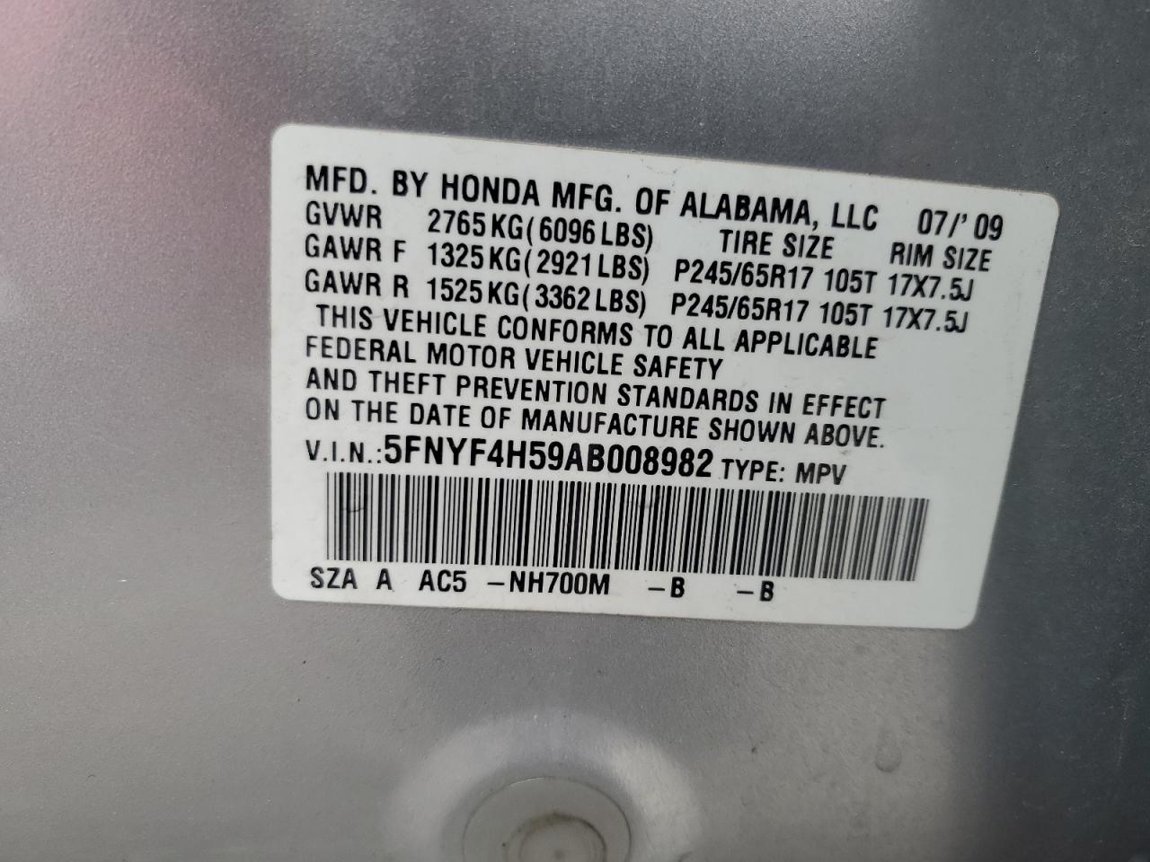 2010 Honda Pilot Exl VIN: 5FNYF4H59AB008982 Lot: 85396575
