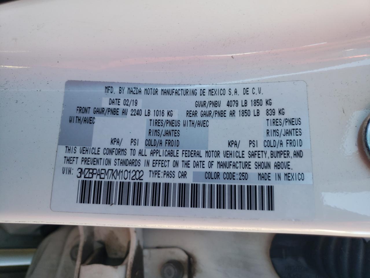 VIN 3MZBPAEM7KM101202 2019 MAZDA 3 no.12