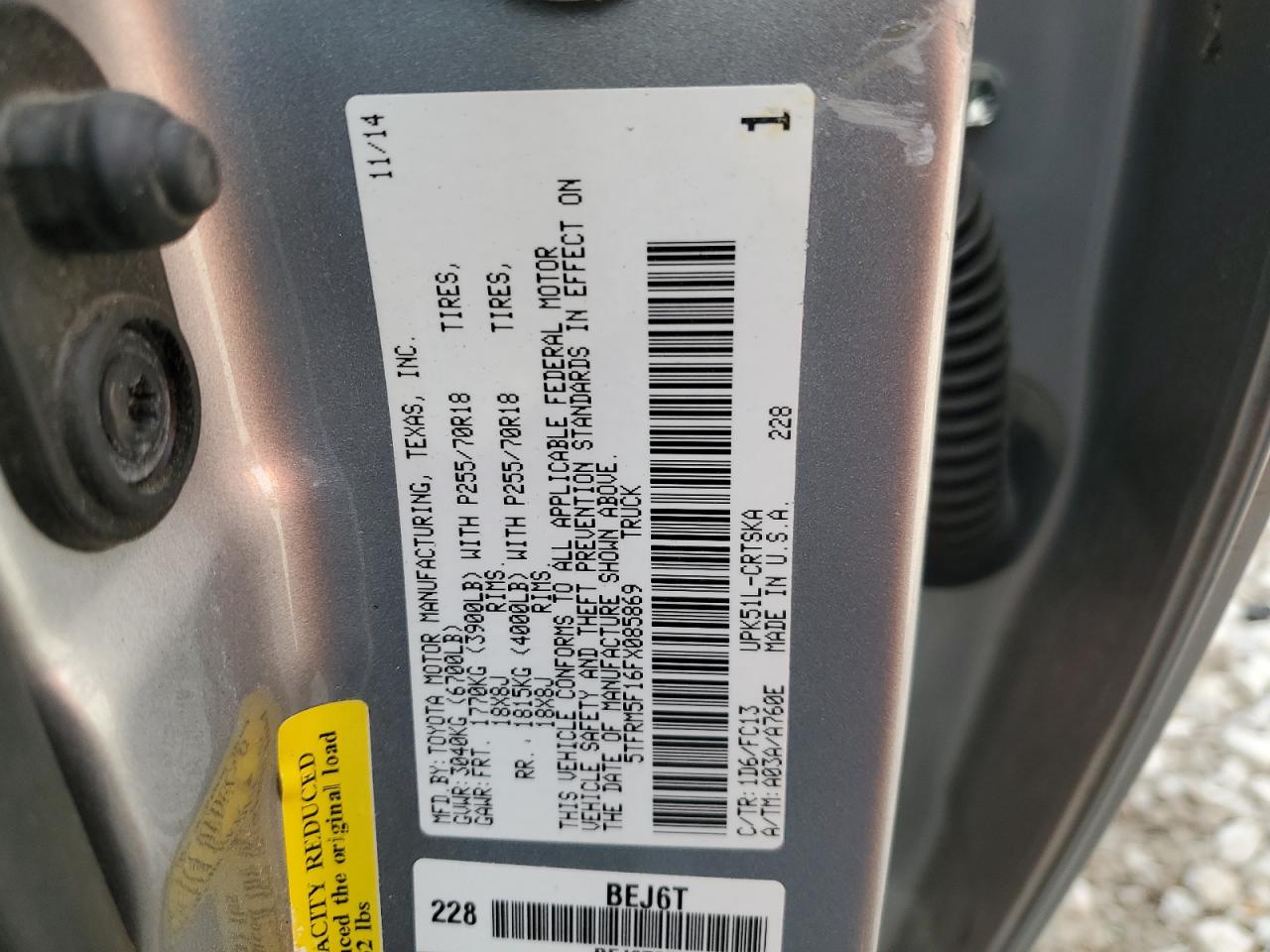 VIN 5TFRM5F16FX085869 2015 TOYOTA TUNDRA no.12