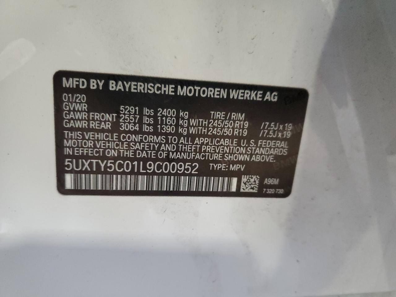 2020 BMW X3 xDrive30I VIN: 5UXTY5C01L9C00952 Lot: 80706054