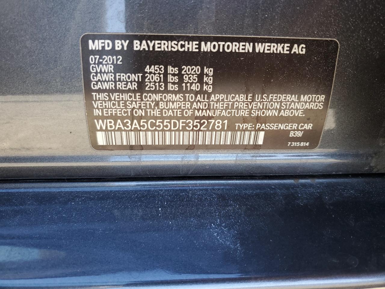 VIN WBA3A5C55DF352781 2013 BMW 3 SERIES no.12