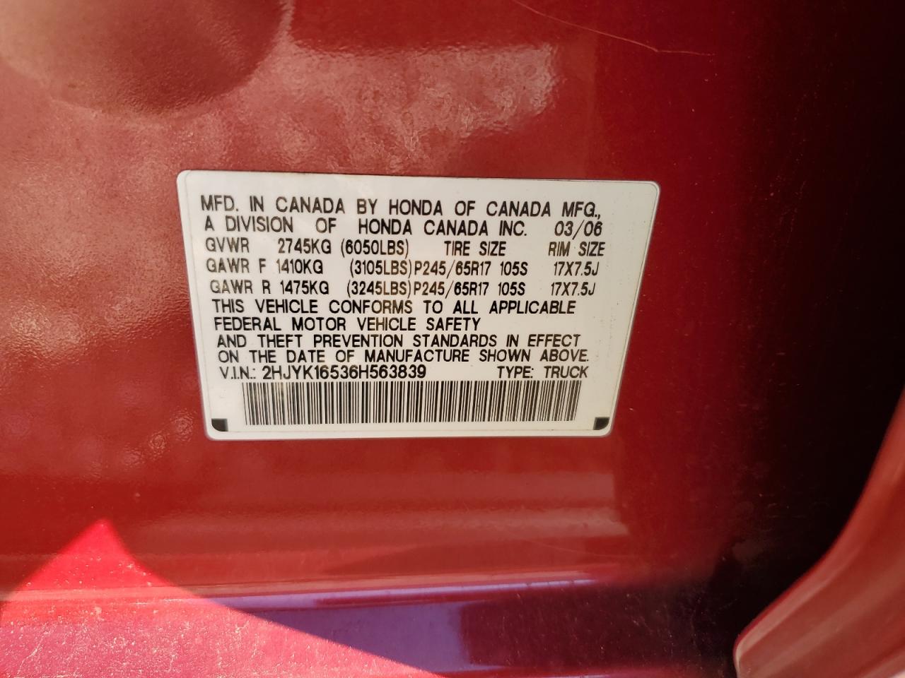 2006 Honda Ridgeline Rtl VIN: 2HJYK16536H563839 Lot: 80571604