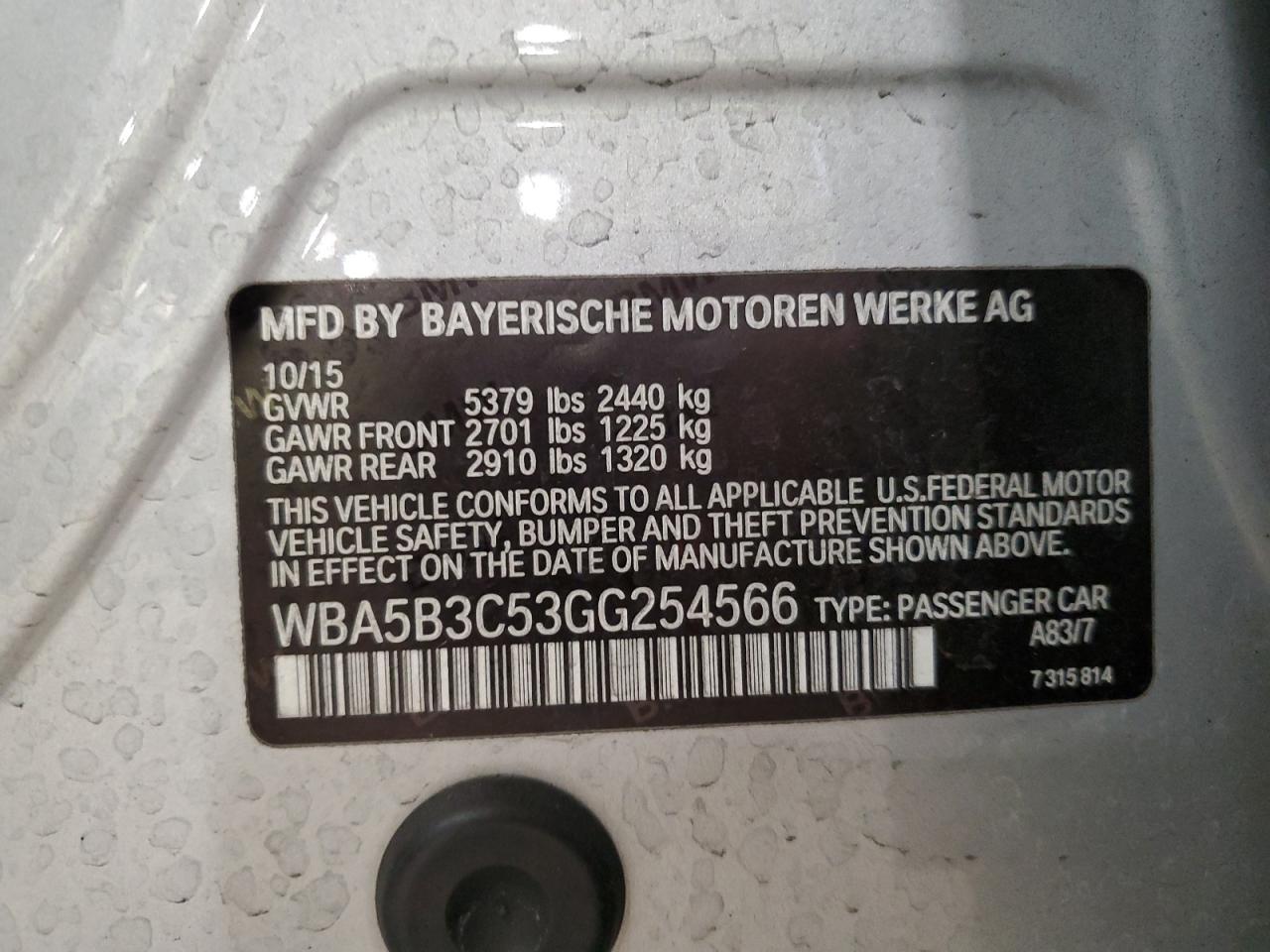 2016 BMW 535 Xi VIN: WBA5B3C53GG254566 Lot: 82191044