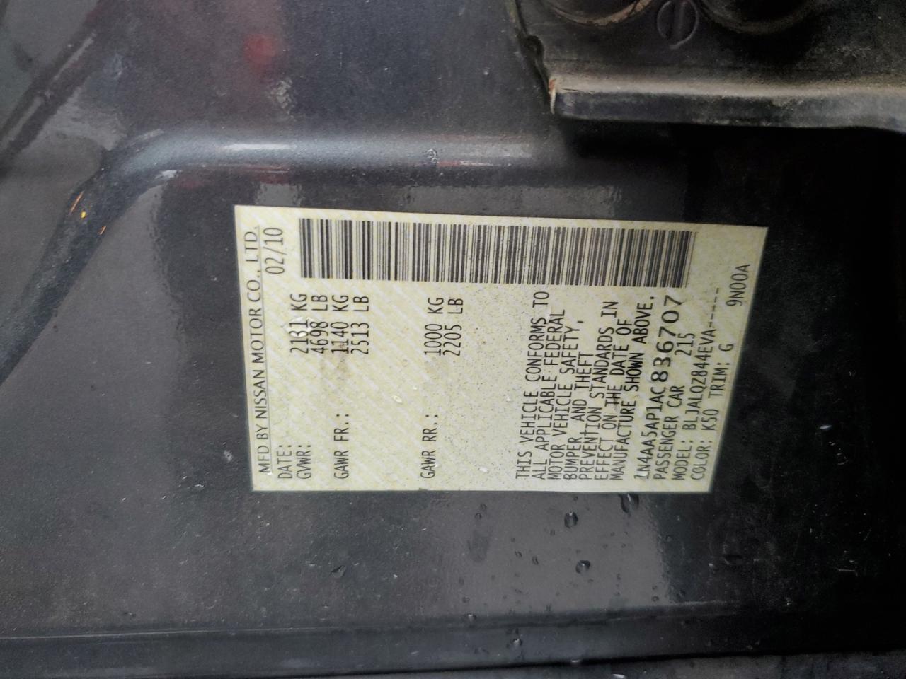 2010 Nissan Maxima S VIN: 1N4AA5AP1AC836707 Lot: 80205714