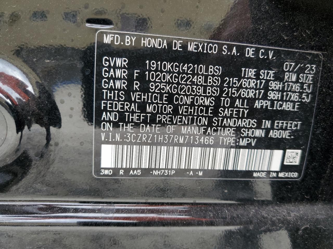 2024 Honda Hr-V Lx VIN: 3CZRZ1H37RM713466 Lot: 81401584