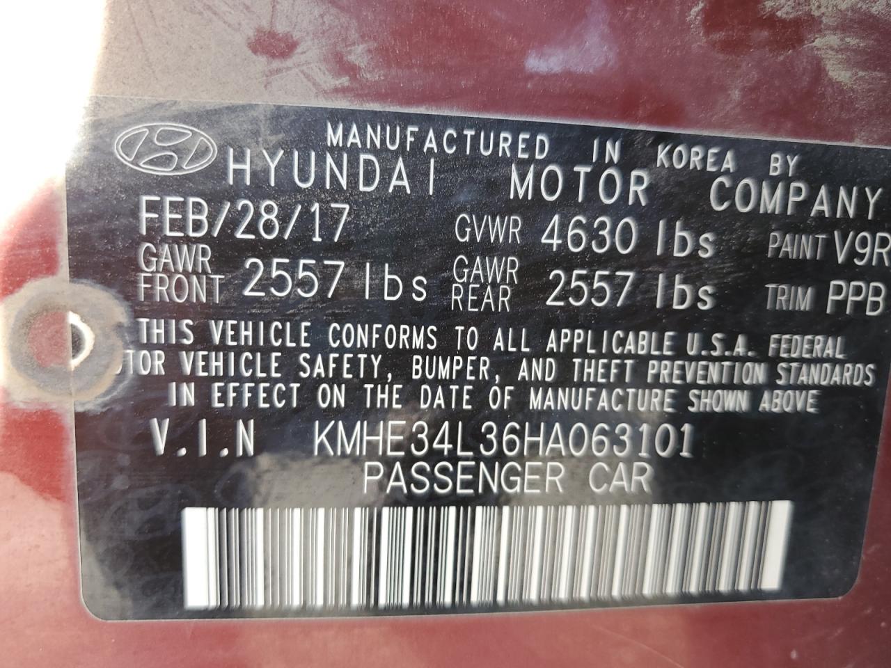 2017 Hyundai Sonata Hybrid VIN: KMHE34L36HA063101 Lot: 78197924