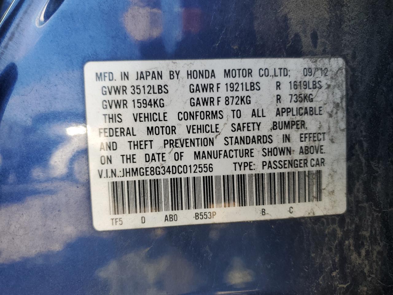 VIN JHMGE8G34DC012556 2013 HONDA FIT no.12