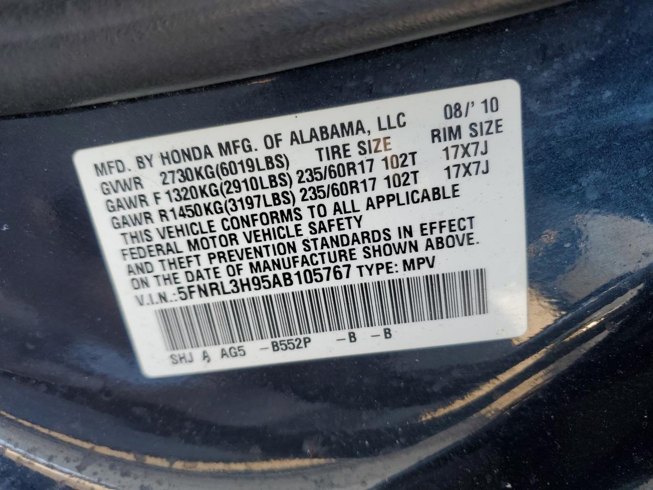 2010 Honda Odyssey Touring VIN: 5FNRL3H95AB105767 Lot: 80828384