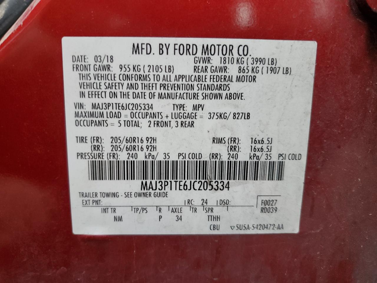 MAJ3P1TE6JC205334 2018 Ford Ecosport Se