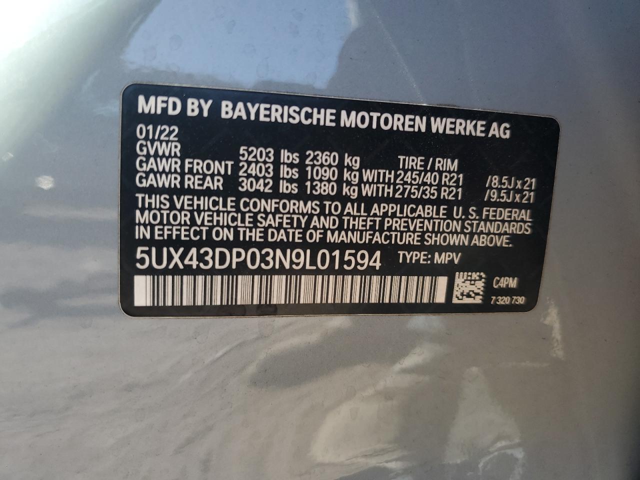 VIN 5UX43DP03N9L01594 2022 BMW X3 no.13