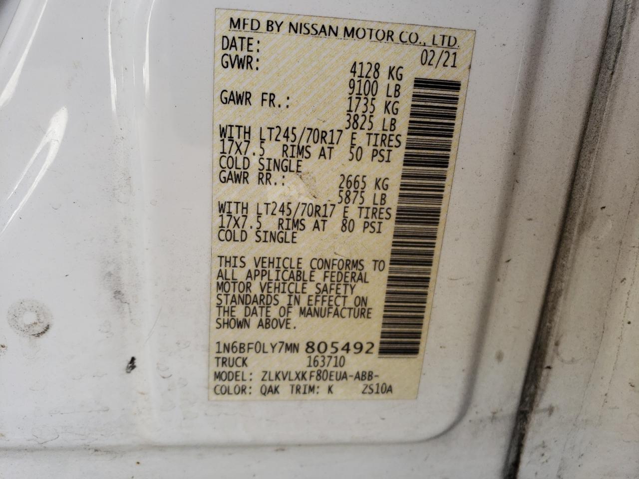 2021 Nissan Nv 2500 S VIN: 1N6BF0LY7MN805492 Lot: 79441984