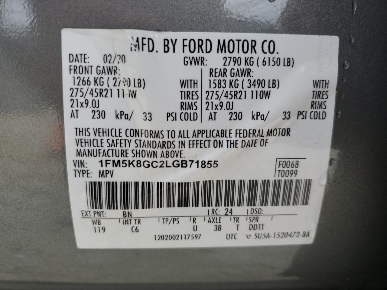 2020 Ford Explorer St VIN: 1FM5K8GC2LGB71855 Lot: 79716384