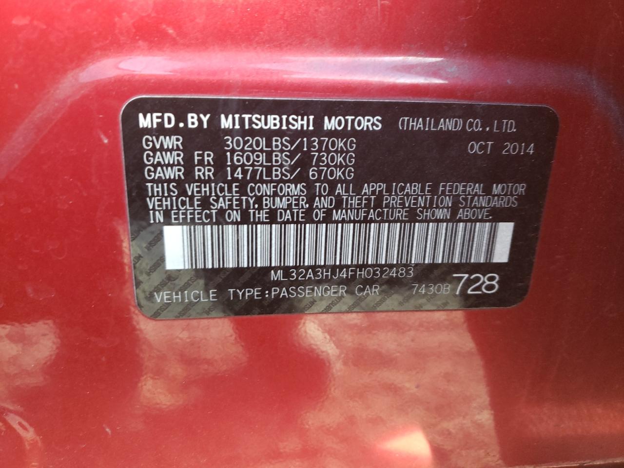 2015 Mitsubishi Mirage De VIN: ML32A3HJ4FH032483 Lot: 79513844