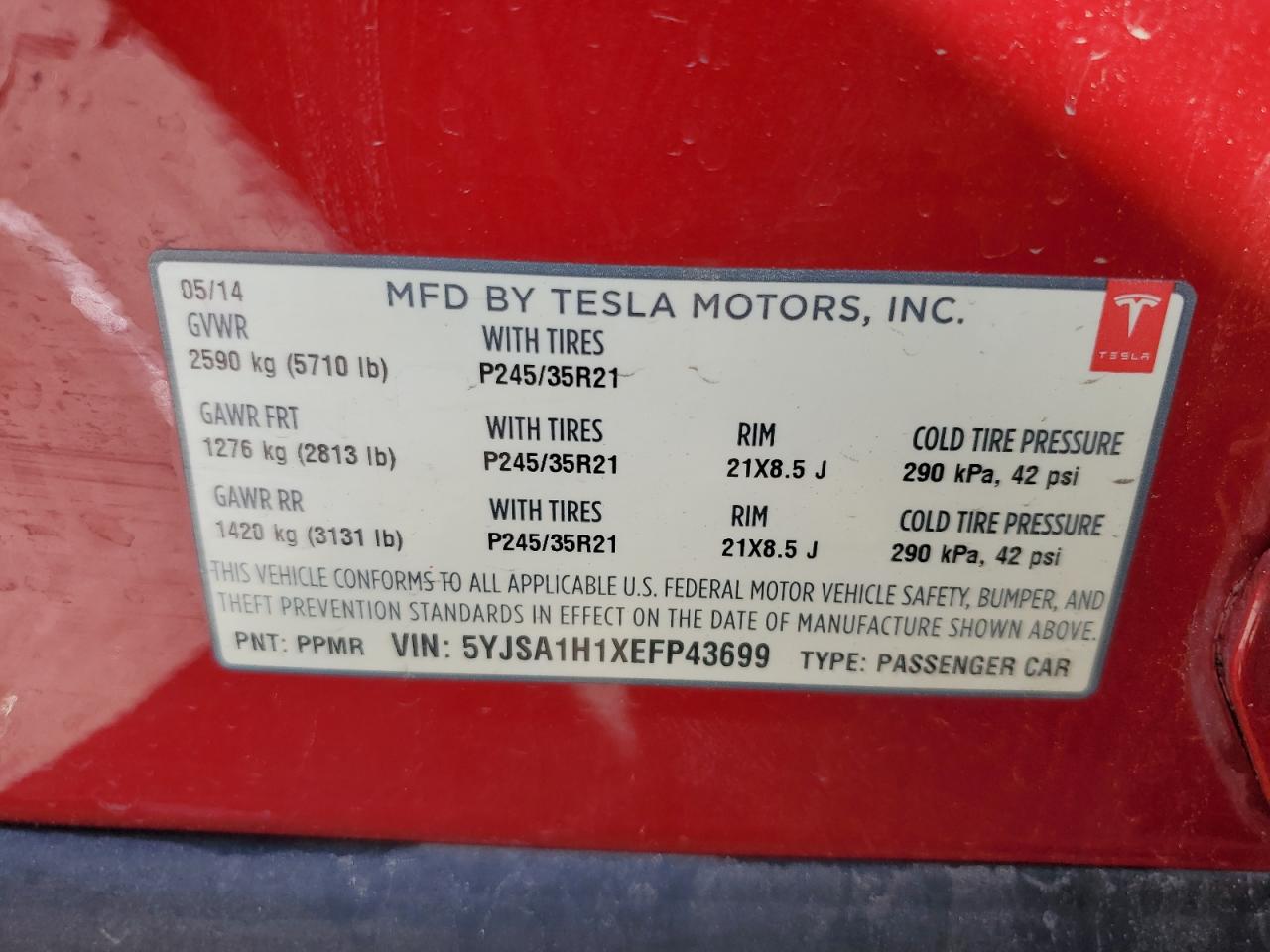 2014 Tesla Model S VIN: 5YJSA1H1XEFP43699 Lot: 78803914