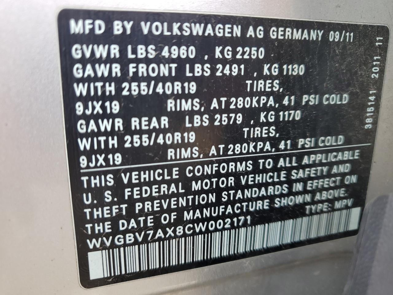 2012 Volkswagen Tiguan S VIN: WVGBV7AX8CW002171 Lot: 79574534