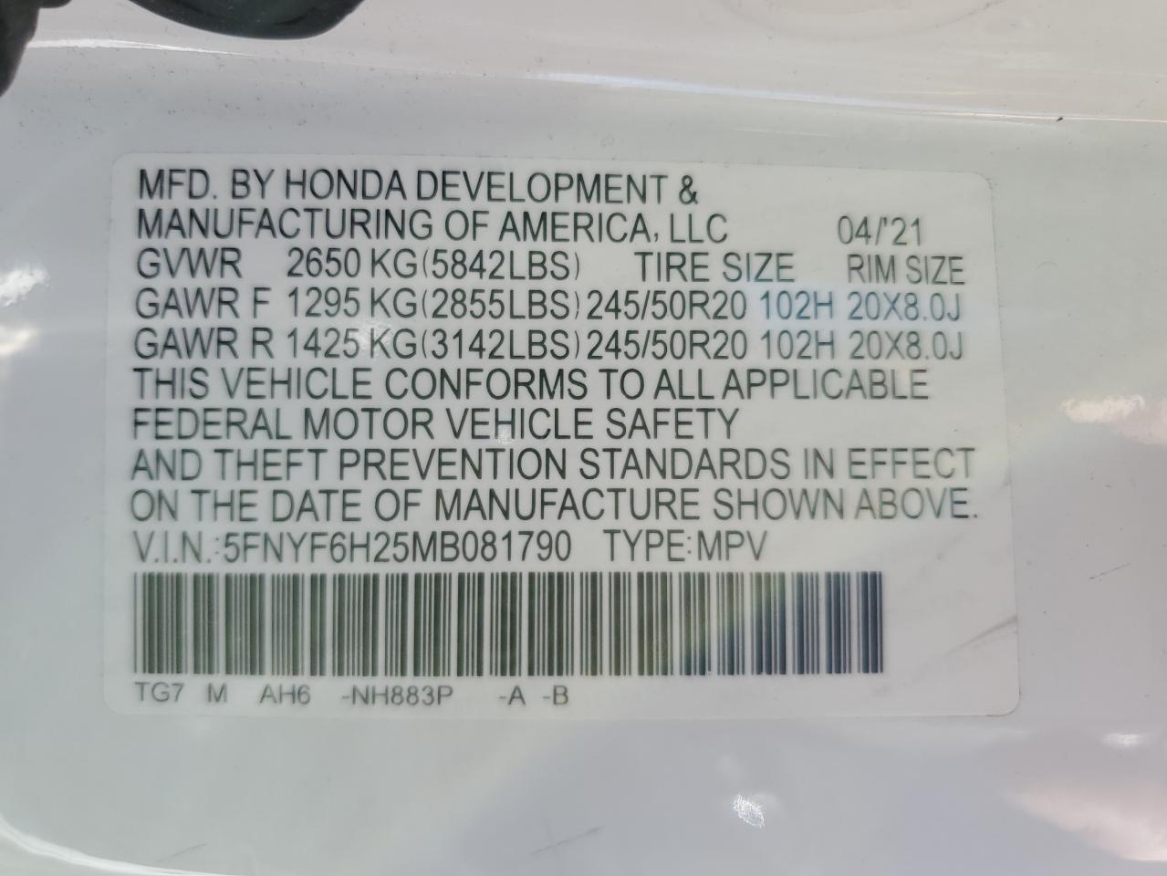 2021 Honda Pilot Se VIN: 5FNYF6H25MB081790 Lot: 79917044