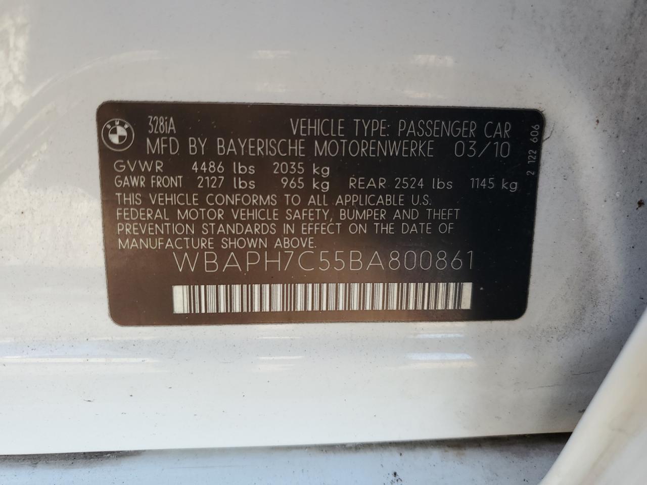 2011 BMW 328 I VIN: WBAPH7C55BA800861 Lot: 78788764