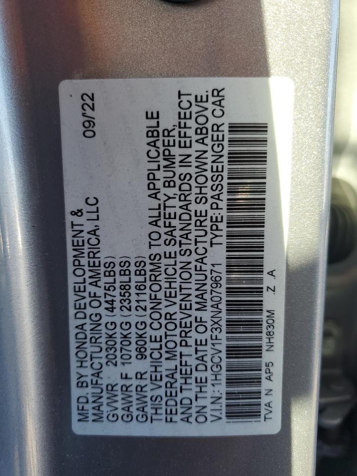 1HGCV1F3XNA079671 2022 HONDA ACCORD - Image 12