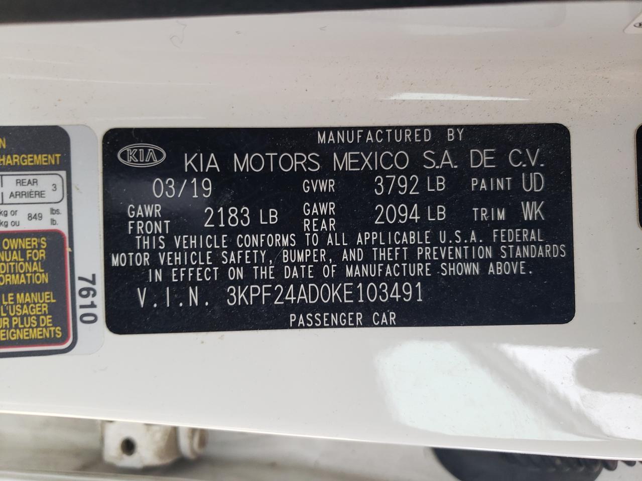 VIN 3KPF24AD0KE103491 2019 KIA FORTE no.12