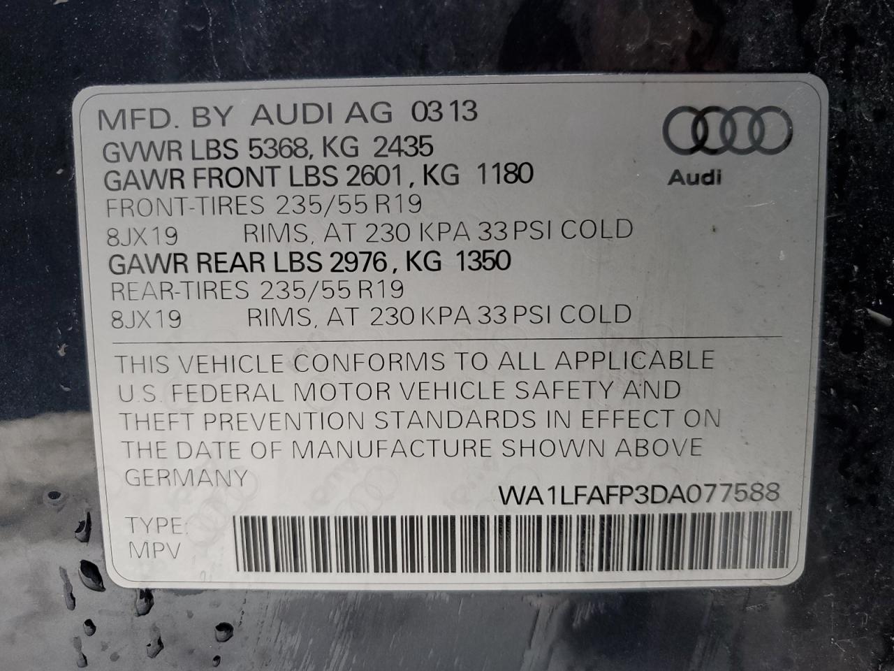 VIN WA1LFAFP3DA077588 2013 AUDI Q5 no.14