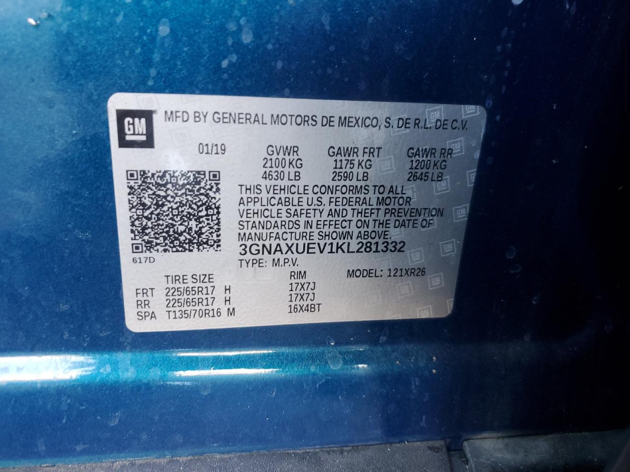 2019 Chevrolet Equinox Lt VIN: 3GNAXUEV1KL281332 Lot: 82080574